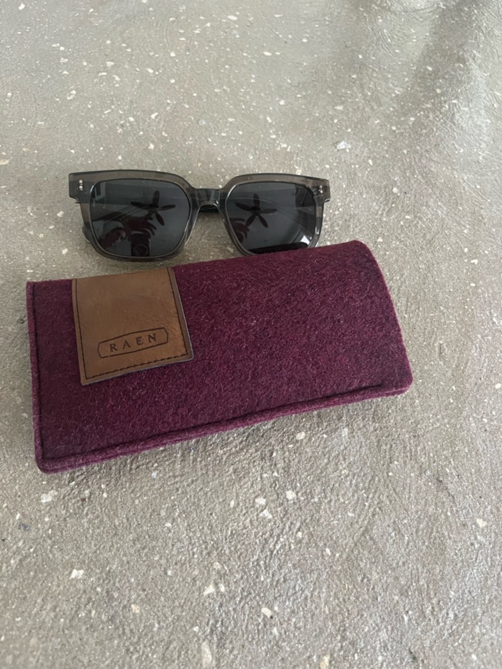 RAEN Black Frame Sunglasses with Plum Felt Case